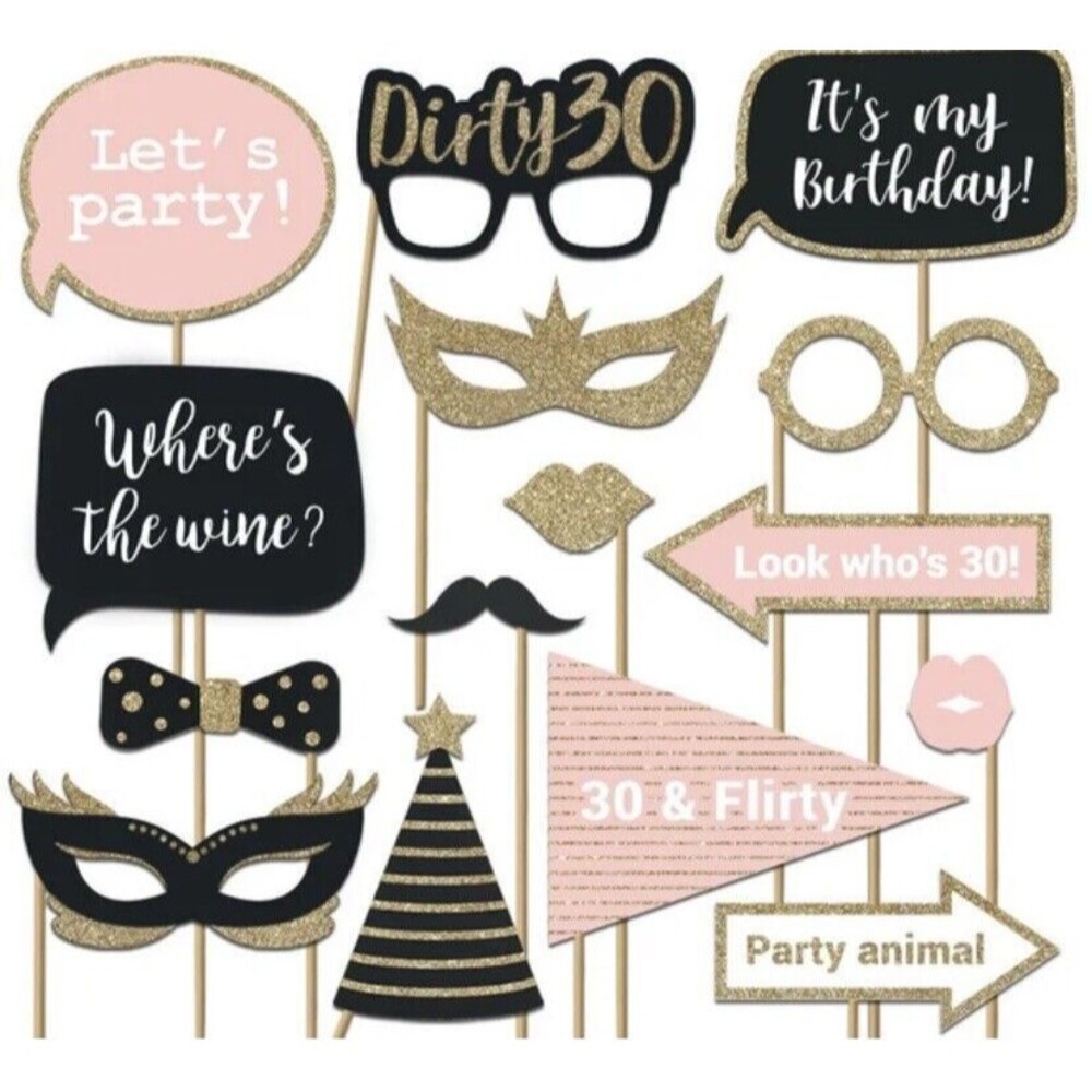 30th‎ Birthday Photo Booth Props Funny Supplies Decorations 30 Pc Gold Black